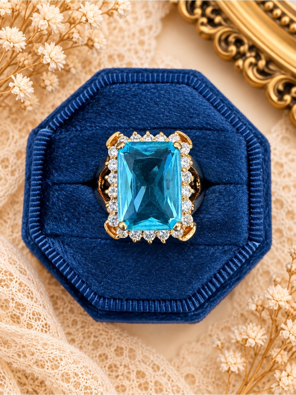 Gold Ring with Rectangular Blue Crystal and Clear Accent Stones